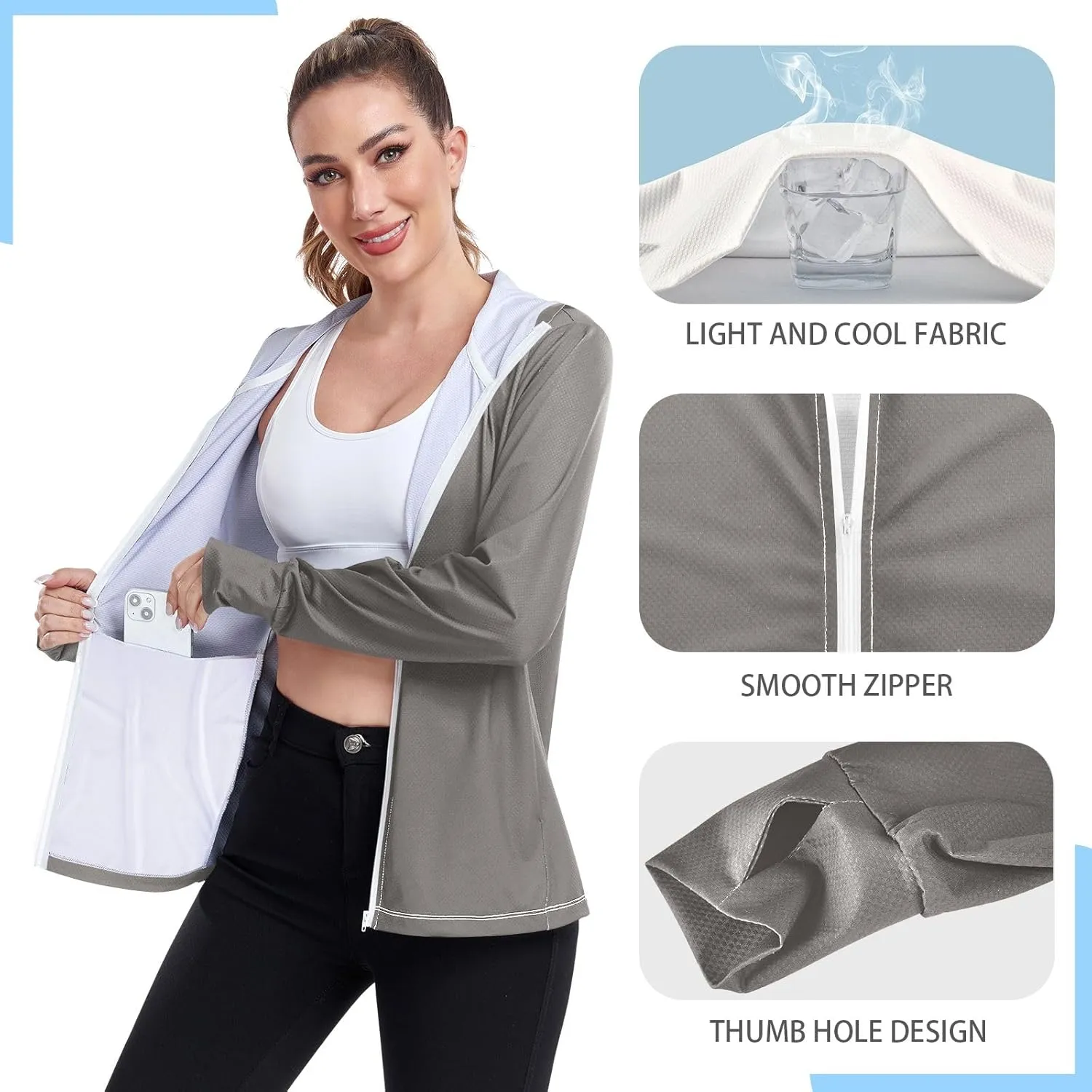 ODAWA Womens Upf Hoodie Lightweight Full Zip Running Jacket UV Cooling Hoodie Summer Clothing
