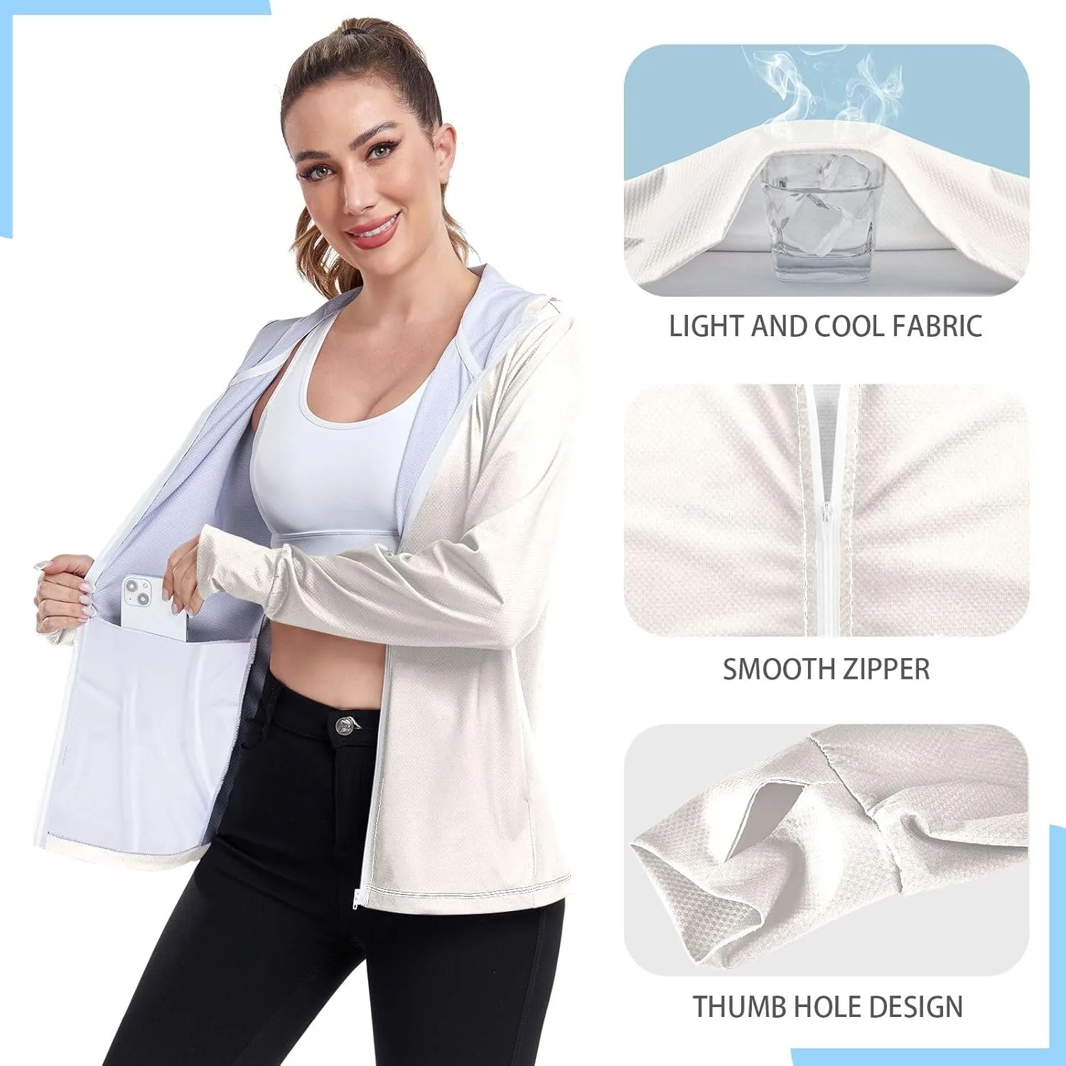 ODAWA Womens Upf Hoodie Lightweight Full Zip Running Jacket UV Cooling Hoodie Summer Clothing