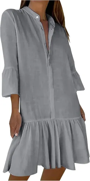 Oplxuo Women's Summer 3/4 Sleeve Tiered Tunic Babydoll Dress Cute Ruffle Short Mini Dresses Button Down Shirt Dress