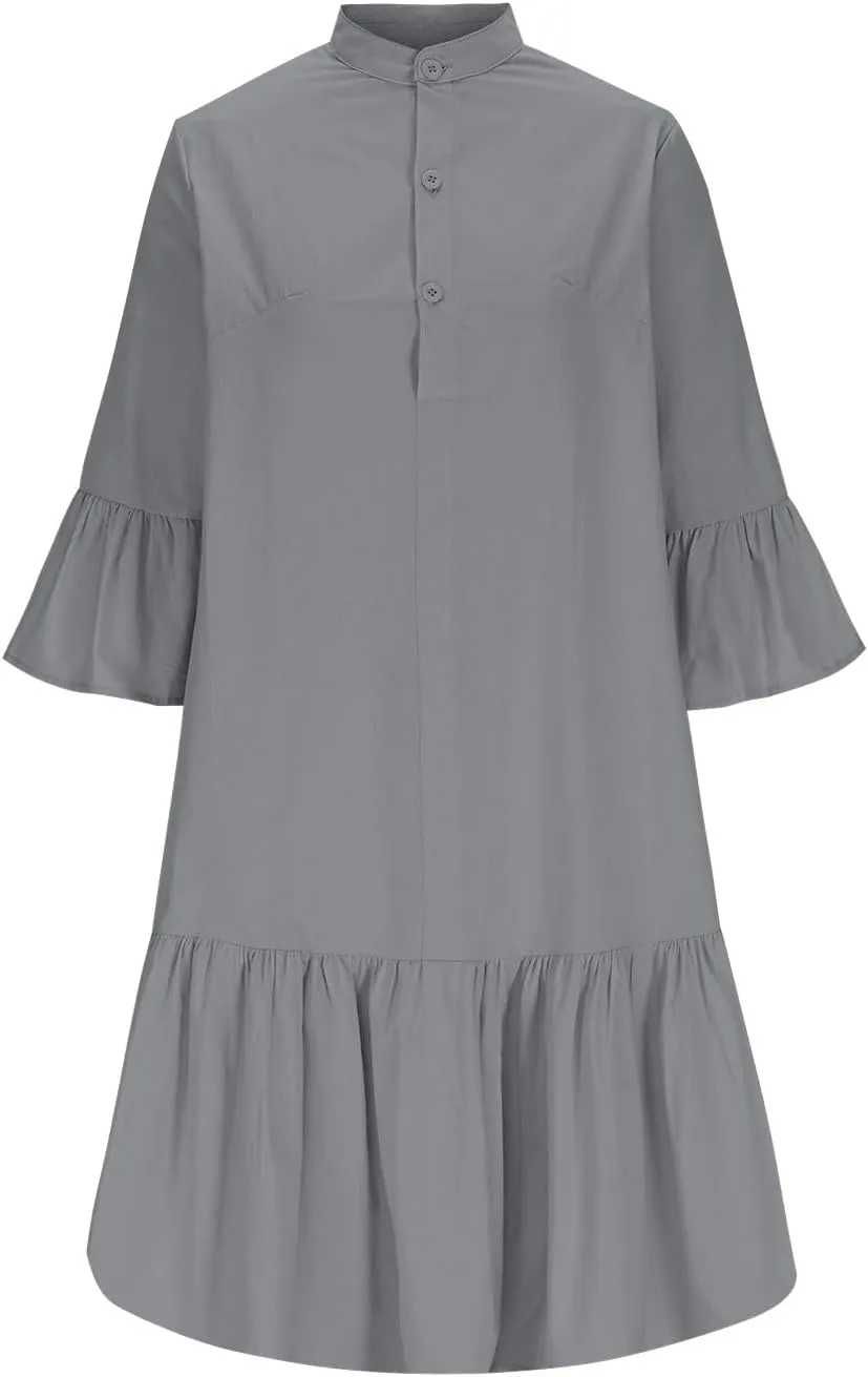Oplxuo Women's Summer 3/4 Sleeve Tiered Tunic Babydoll Dress Cute Ruffle Short Mini Dresses Button Down Shirt Dress