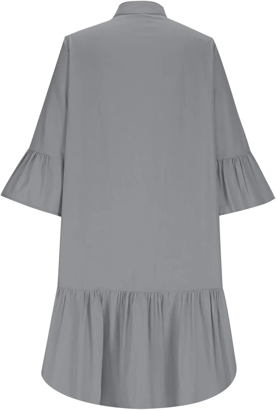 Oplxuo Women's Summer 3/4 Sleeve Tiered Tunic Babydoll Dress Cute Ruffle Short Mini Dresses Button Down Shirt Dress