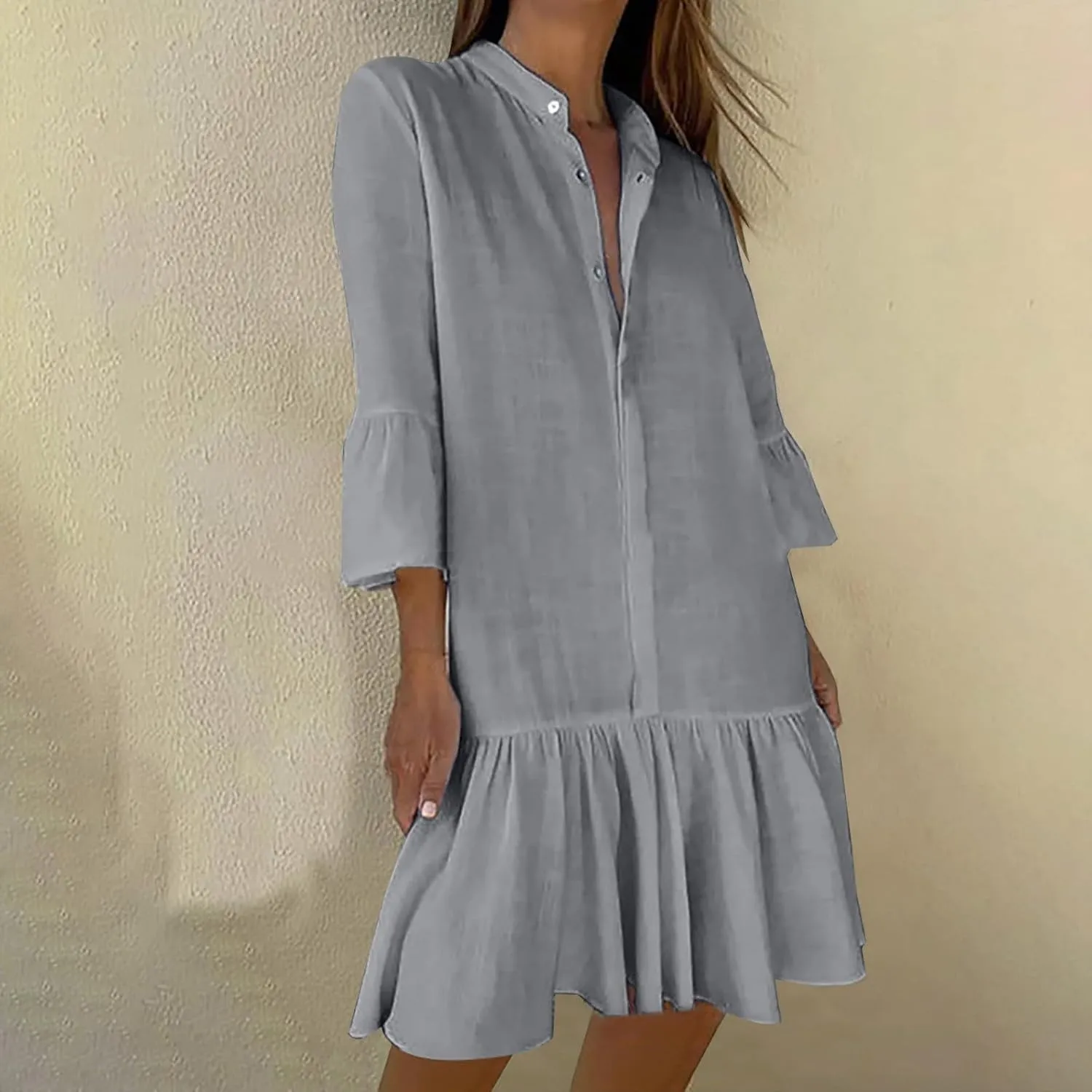 Oplxuo Women's Summer 3/4 Sleeve Tiered Tunic Babydoll Dress Cute Ruffle Short Mini Dresses Button Down Shirt Dress