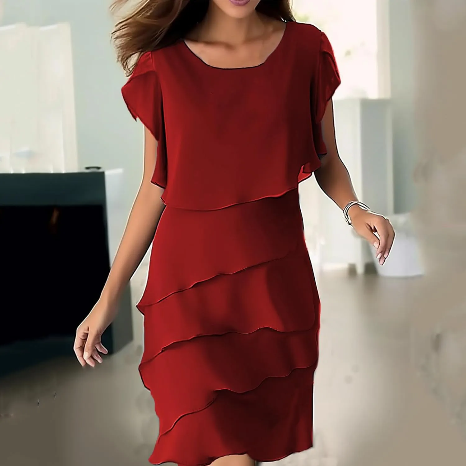 Oplxuo Women's Wedding Guest Dresses Plus Size Short Sleeve Crewneck Flowy Chiffon Layered Formal Party Cocktail Midi Dress