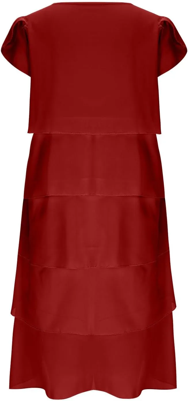 Oplxuo Women's Wedding Guest Dresses Plus Size Short Sleeve Crewneck Flowy Chiffon Layered Formal Party Cocktail Midi Dress