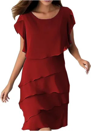 Oplxuo Women's Wedding Guest Dresses Plus Size Short Sleeve Crewneck Flowy Chiffon Layered Formal Party Cocktail Midi Dress