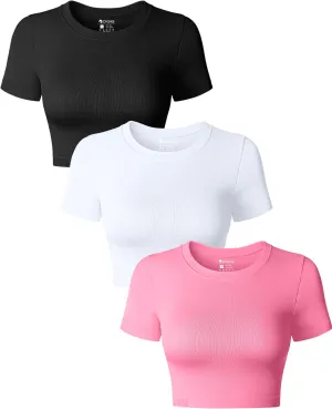 OQQ Women's 3 Piece Crop Tops Crew Neck Shorts Sleeve Stretch Fitted Shirts Crop Tops