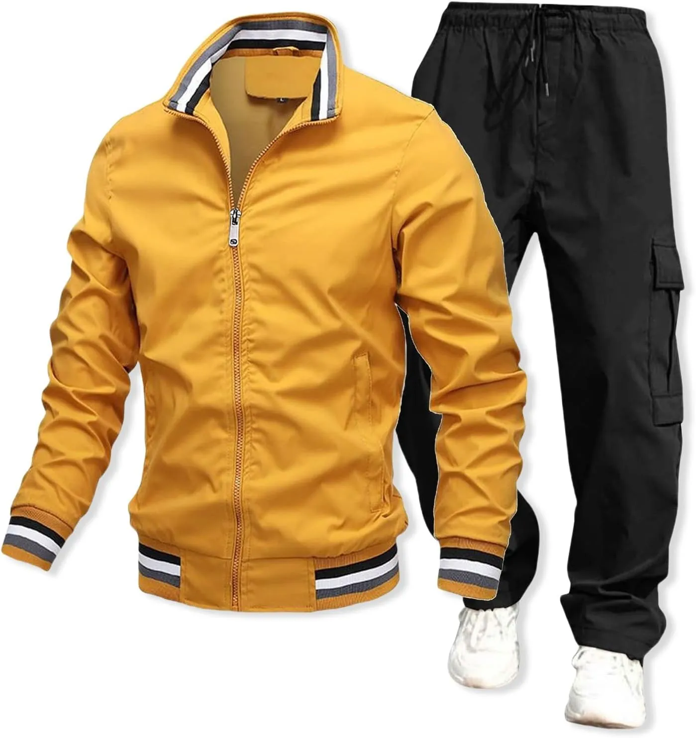 Overalls Suit for Mens 2 Piece Casual Stand Collar Full Zipper Long Sleeve Coat Cargo Pants Trendy Sport Running Set
