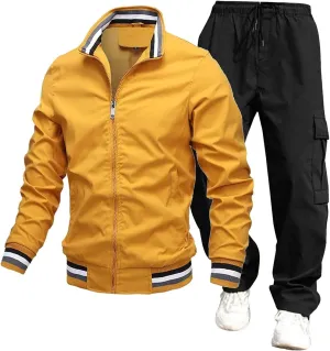 Overalls Suit for Mens 2 Piece Casual Stand Collar Full Zipper Long Sleeve Coat Cargo Pants Trendy Sport Running Set