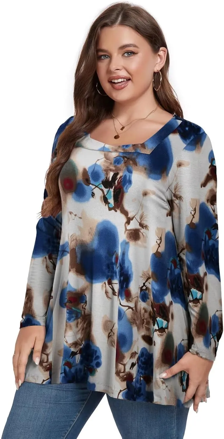 OVERWORETY Womens Plus Size T-Shirt Square Neck Long Sleeve Loose Casual Tunic Tops