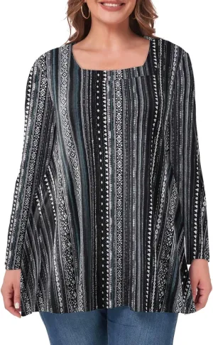 OVERWORETY Womens Plus Size T-Shirt Square Neck Long Sleeve Loose Casual Tunic Tops