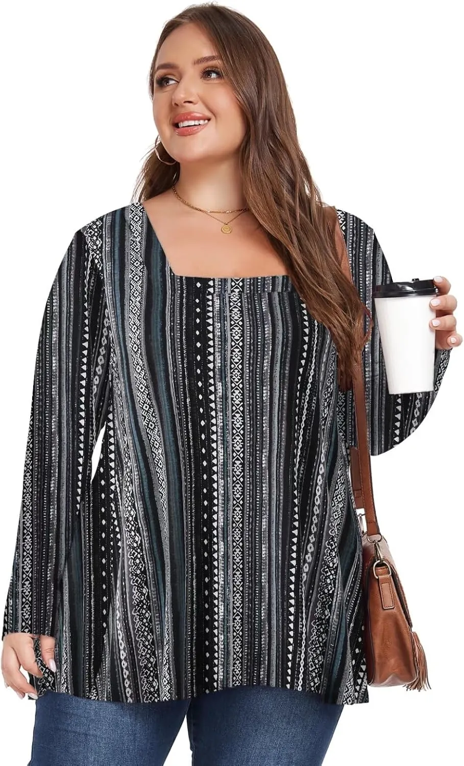 OVERWORETY Womens Plus Size T-Shirt Square Neck Long Sleeve Loose Casual Tunic Tops