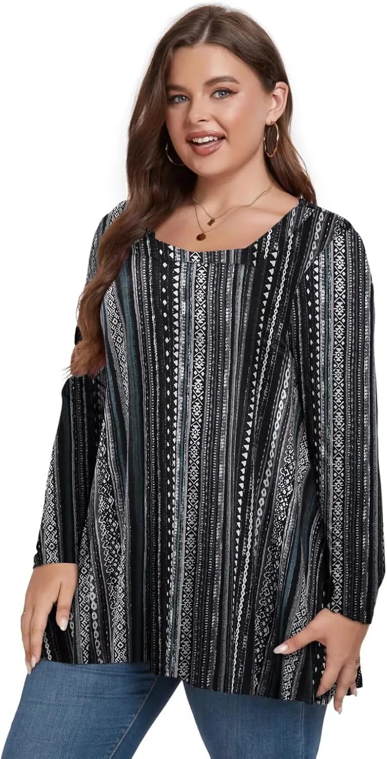 OVERWORETY Womens Plus Size T-Shirt Square Neck Long Sleeve Loose Casual Tunic Tops
