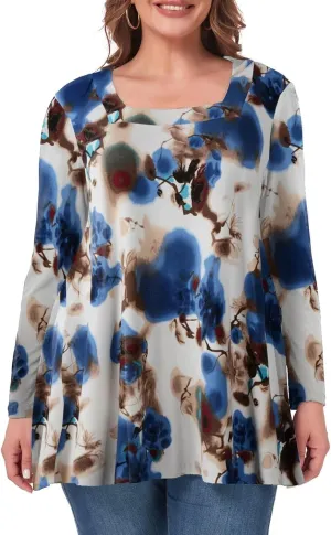 OVERWORETY Womens Plus Size T-Shirt Square Neck Long Sleeve Loose Casual Tunic Tops