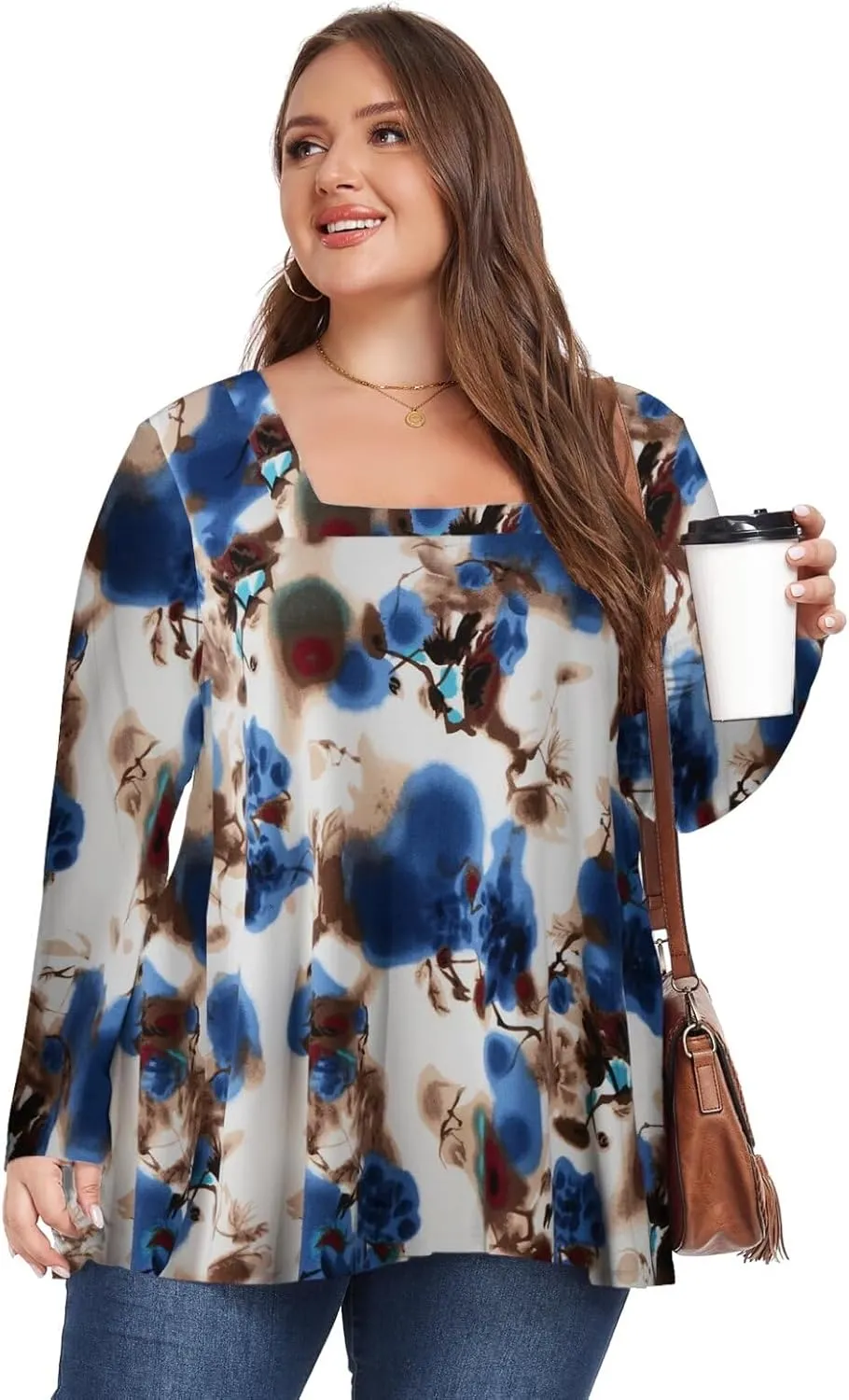 OVERWORETY Womens Plus Size T-Shirt Square Neck Long Sleeve Loose Casual Tunic Tops