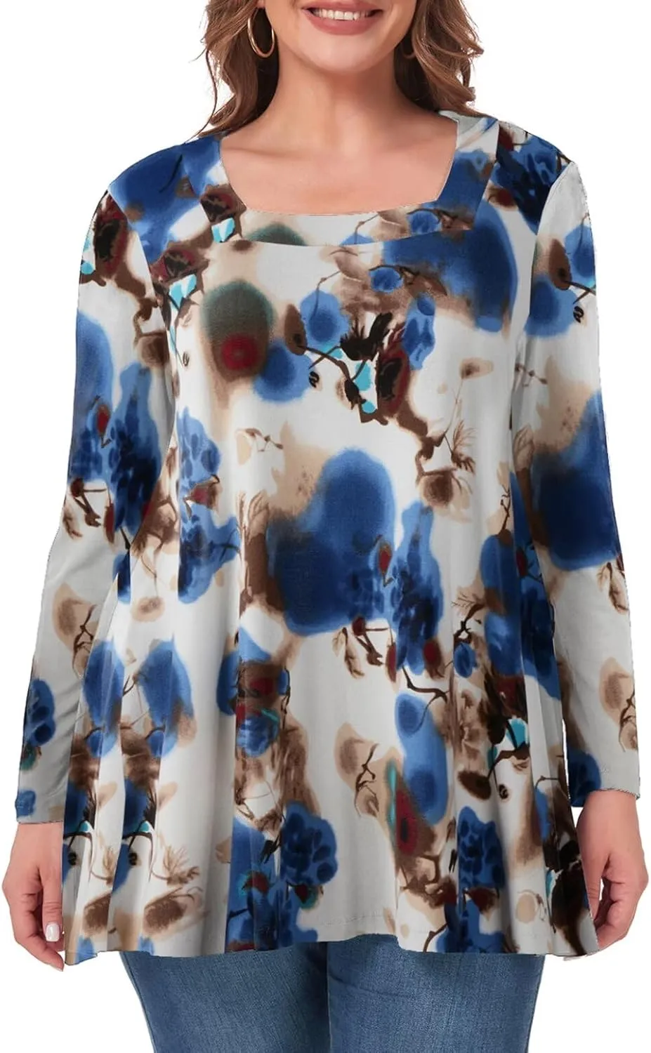 OVERWORETY Womens Plus Size T-Shirt Square Neck Long Sleeve Loose Casual Tunic Tops