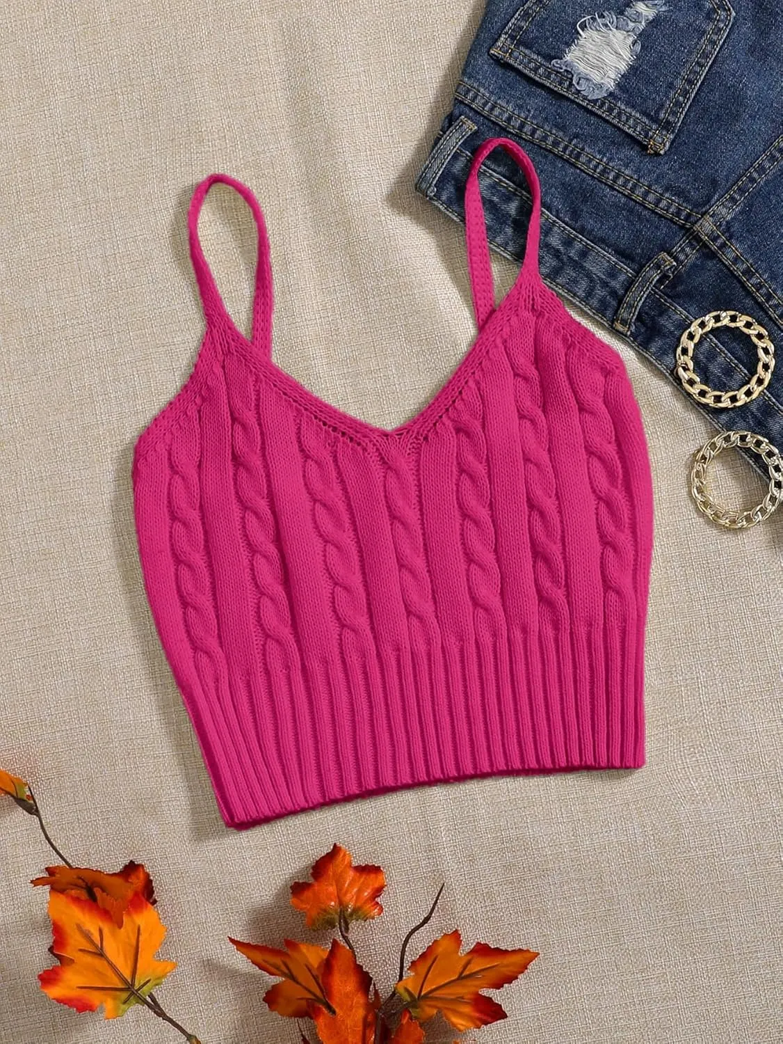 OYOANGLE Women's Ribbed Knit Cami Crop Top Spaghetti Strap Sleeveless V Neck Camisole