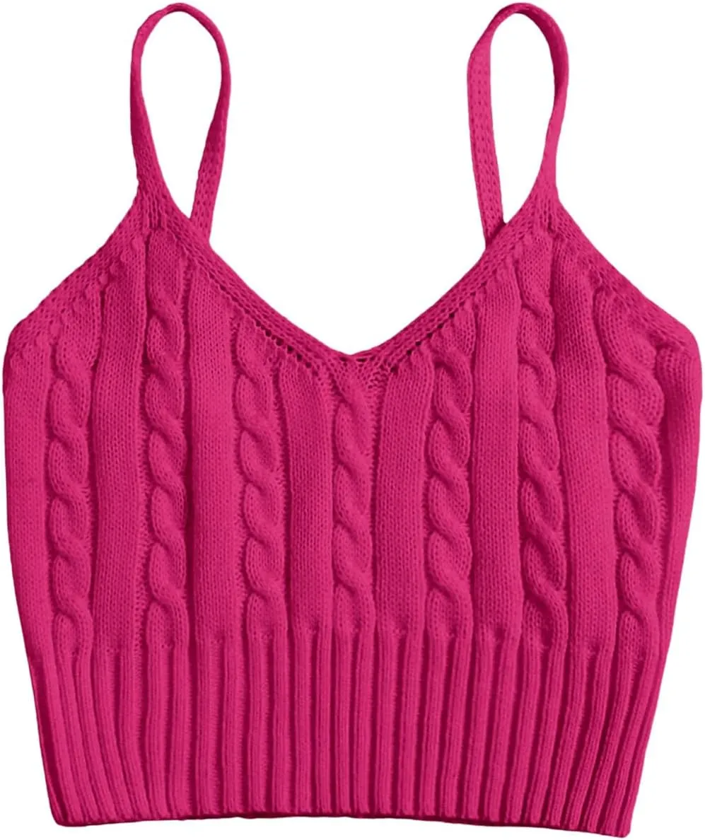 OYOANGLE Women's Ribbed Knit Cami Crop Top Spaghetti Strap Sleeveless V Neck Camisole