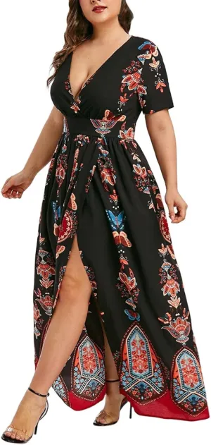 Plus Size Dresses for Curvy Women,2024 Spring Summer Elegant Wrap V Neck Bodycon Maxi Dress,Trendy Vintage Floral Print Short Sleeve Boho Dress,Flowy Ruched High Slit Beach Dress(D-Black,2XL)
