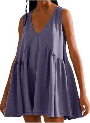 Plus Size Mini Dress for Women Sleeveless Sundress Casual Summer V Neck Dresses Loose Fit Trendy Tops