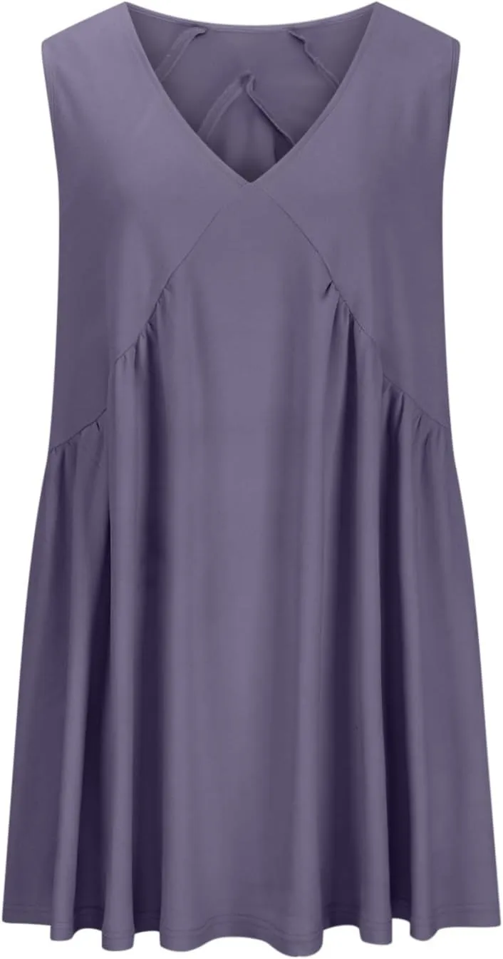 Plus Size Mini Dress for Women Sleeveless Sundress Casual Summer V Neck Dresses Loose Fit Trendy Tops