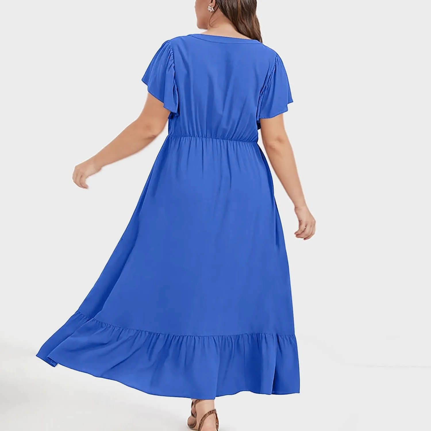 Plus Size Ruffle Dresses for Curvy Women Summer Beach Vacation Casual Short Sleeve V Neck Flowy Midi Dress with Pockets