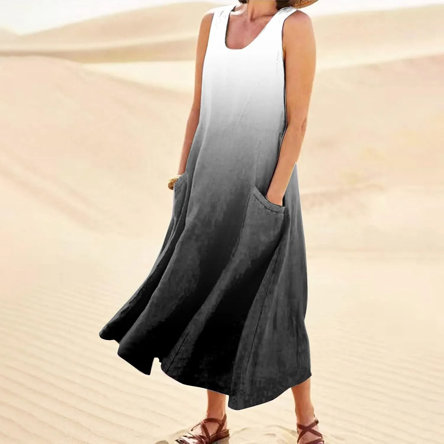Plus Size Summer Dresses U Neck Sleeveless Sundress A-Line Floral Print Boho Dress Casual Beach Dress with Pockets