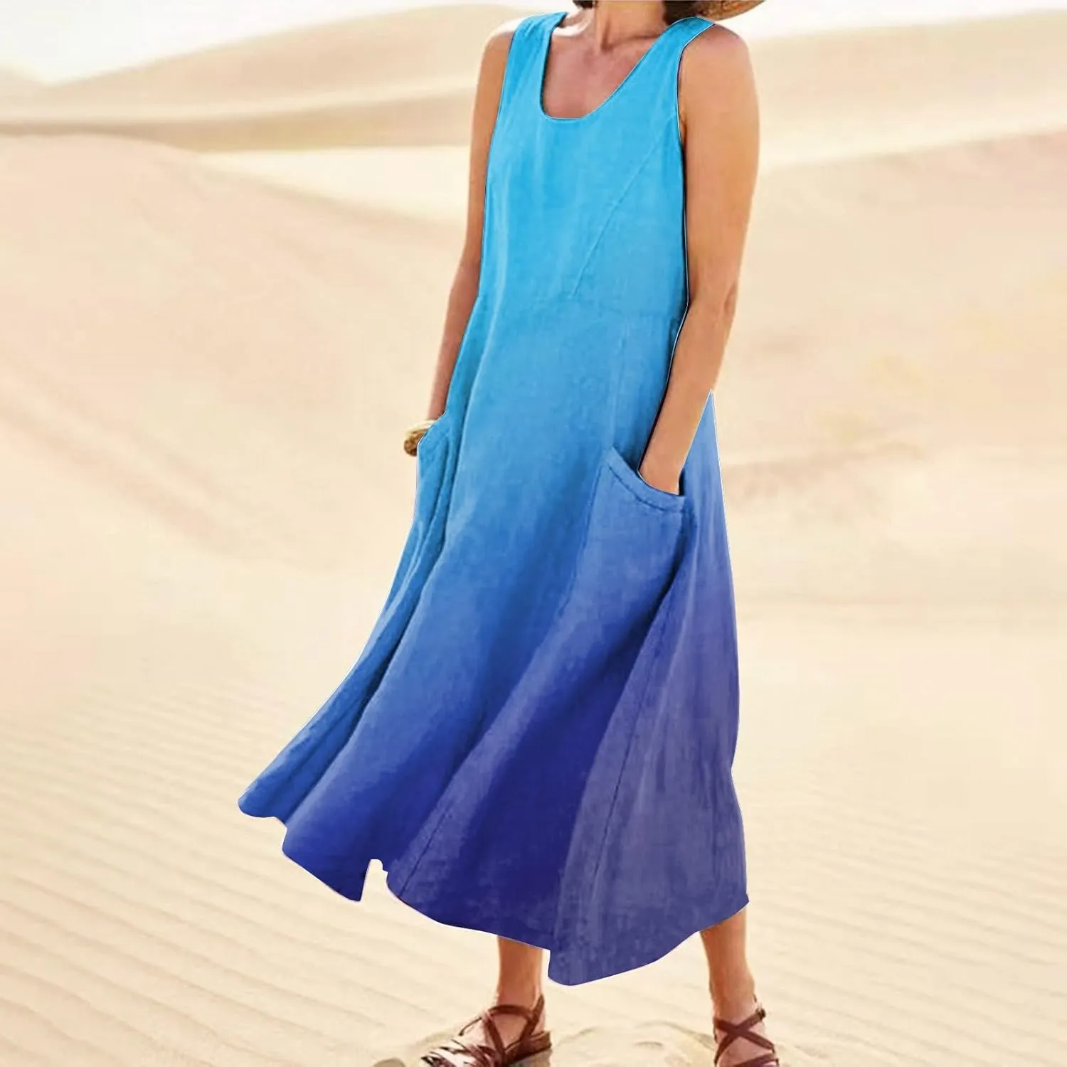 Plus Size Summer Dresses U Neck Sleeveless Sundress A-Line Floral Print Boho Dress Casual Beach Dress with Pockets
