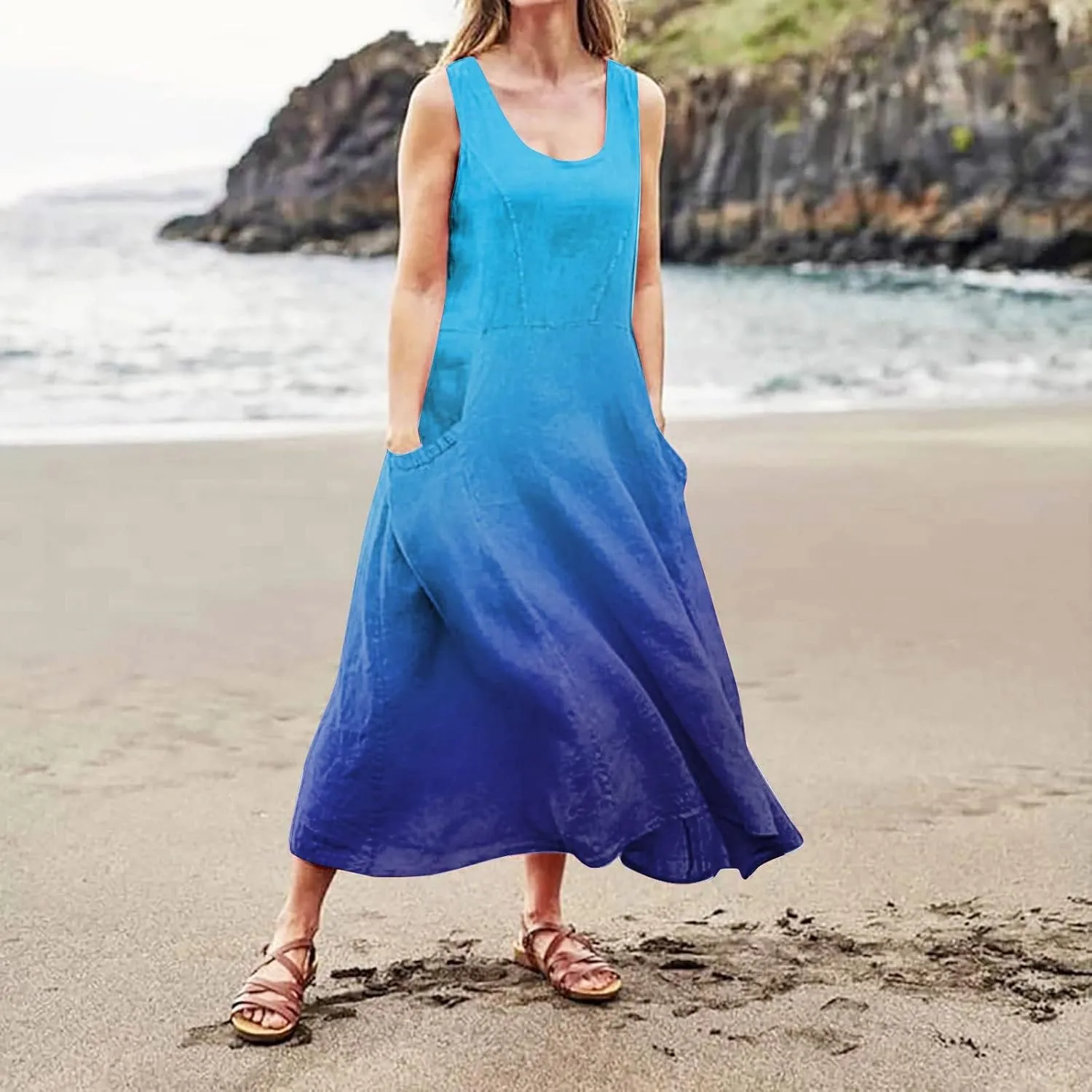 Plus Size Summer Dresses U Neck Sleeveless Sundress A-Line Floral Print Boho Dress Casual Beach Dress with Pockets