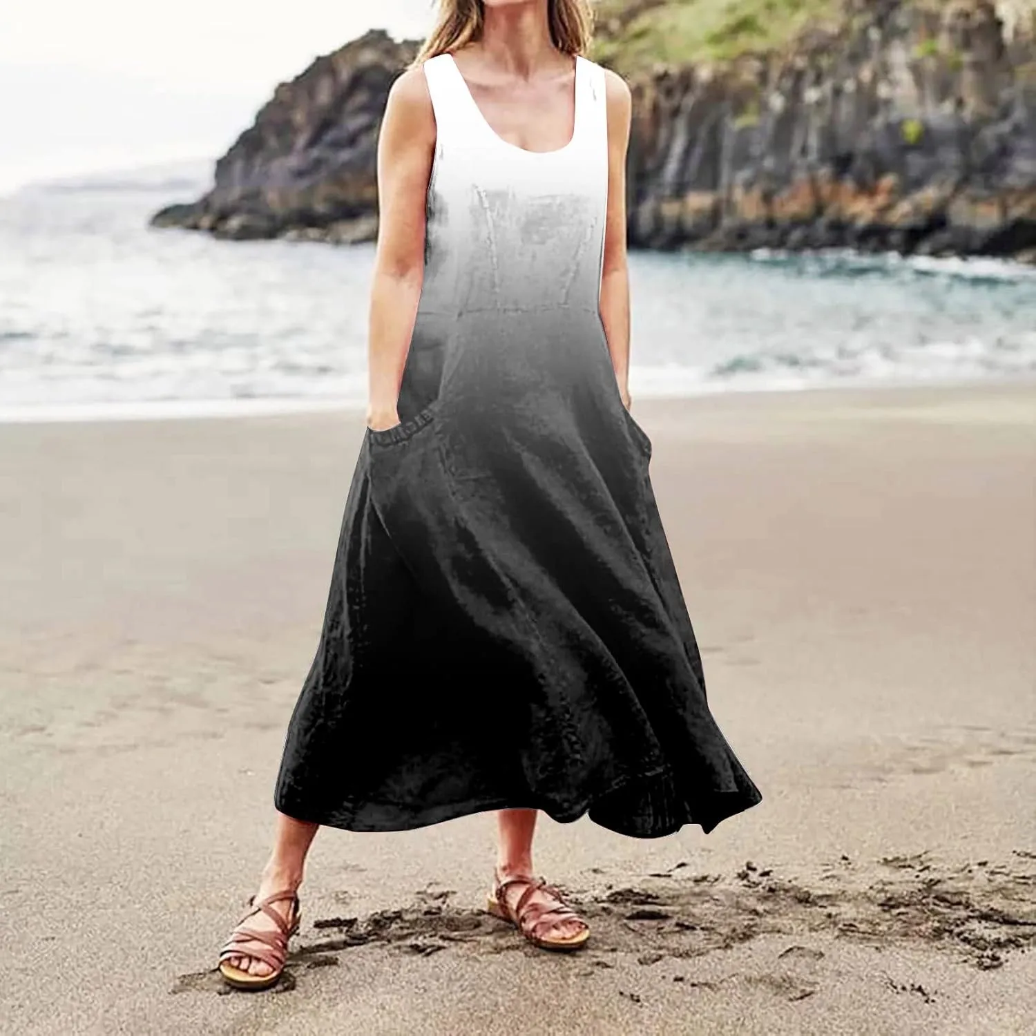 Plus Size Summer Dresses U Neck Sleeveless Sundress A-Line Floral Print Boho Dress Casual Beach Dress with Pockets