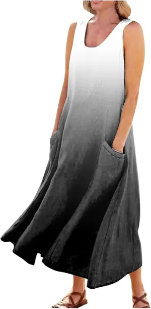Plus Size Summer Dresses U Neck Sleeveless Sundress A-Line Floral Print Boho Dress Casual Beach Dress with Pockets