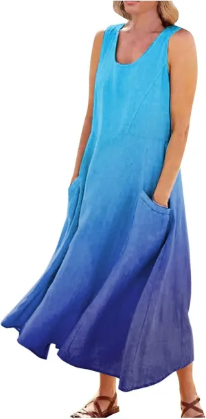 Plus Size Summer Dresses U Neck Sleeveless Sundress A-Line Floral Print Boho Dress Casual Beach Dress with Pockets