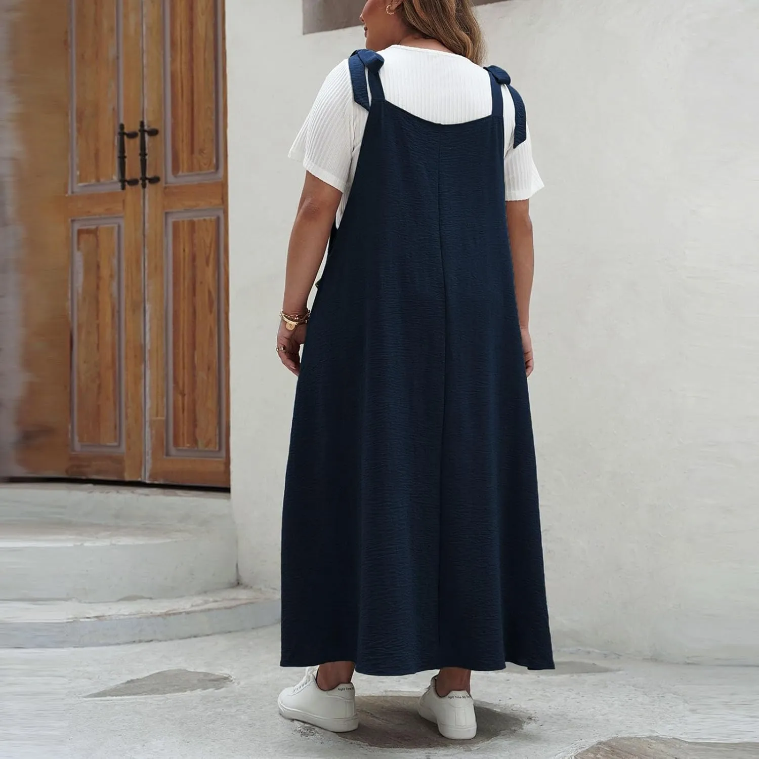 Plus Size Womens Bib Overall Jumper Dress Loose Linen Adjustable Straps Suspender Pinafore Maxi Dress with Pocket