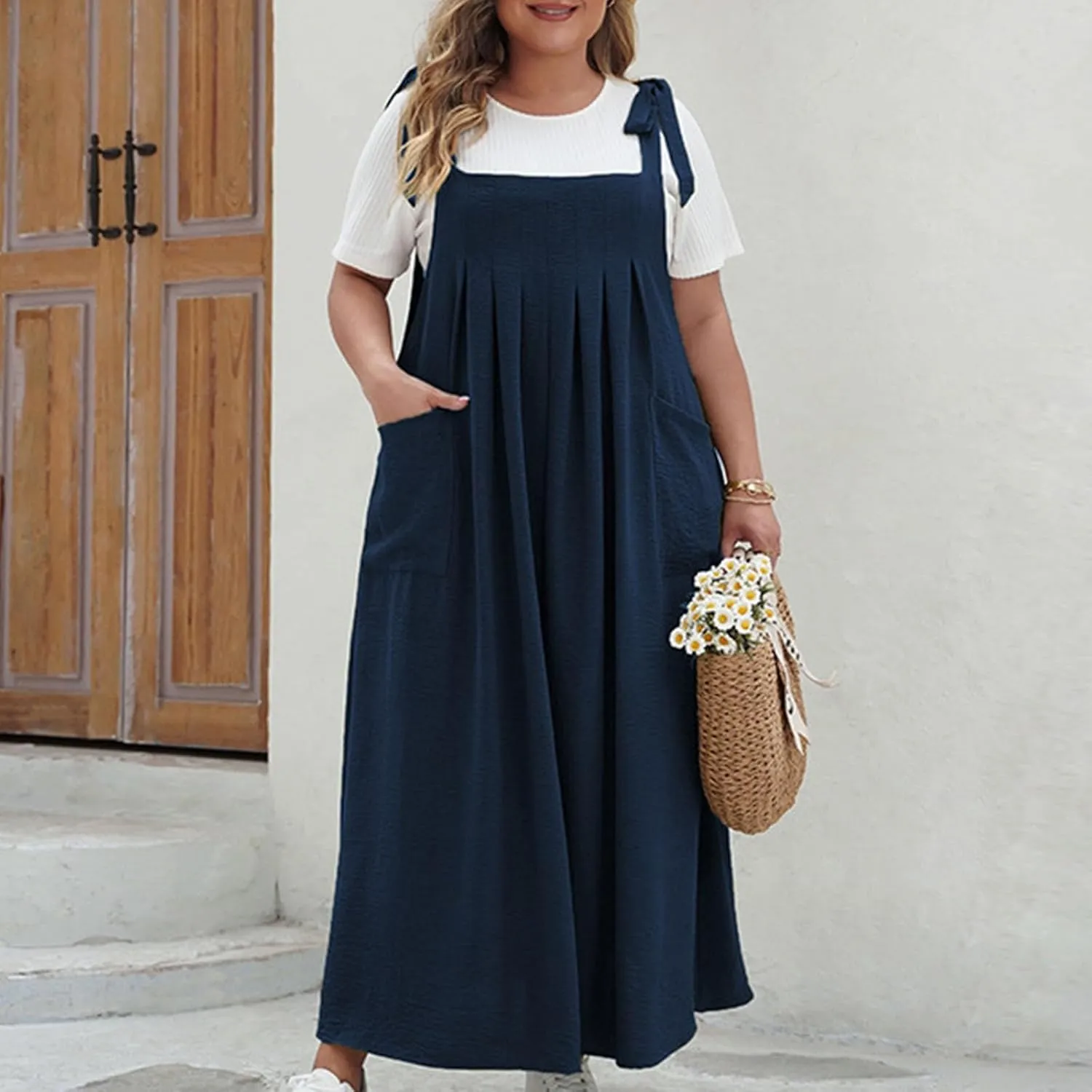 Plus Size Womens Bib Overall Jumper Dress Loose Linen Adjustable Straps Suspender Pinafore Maxi Dress with Pocket