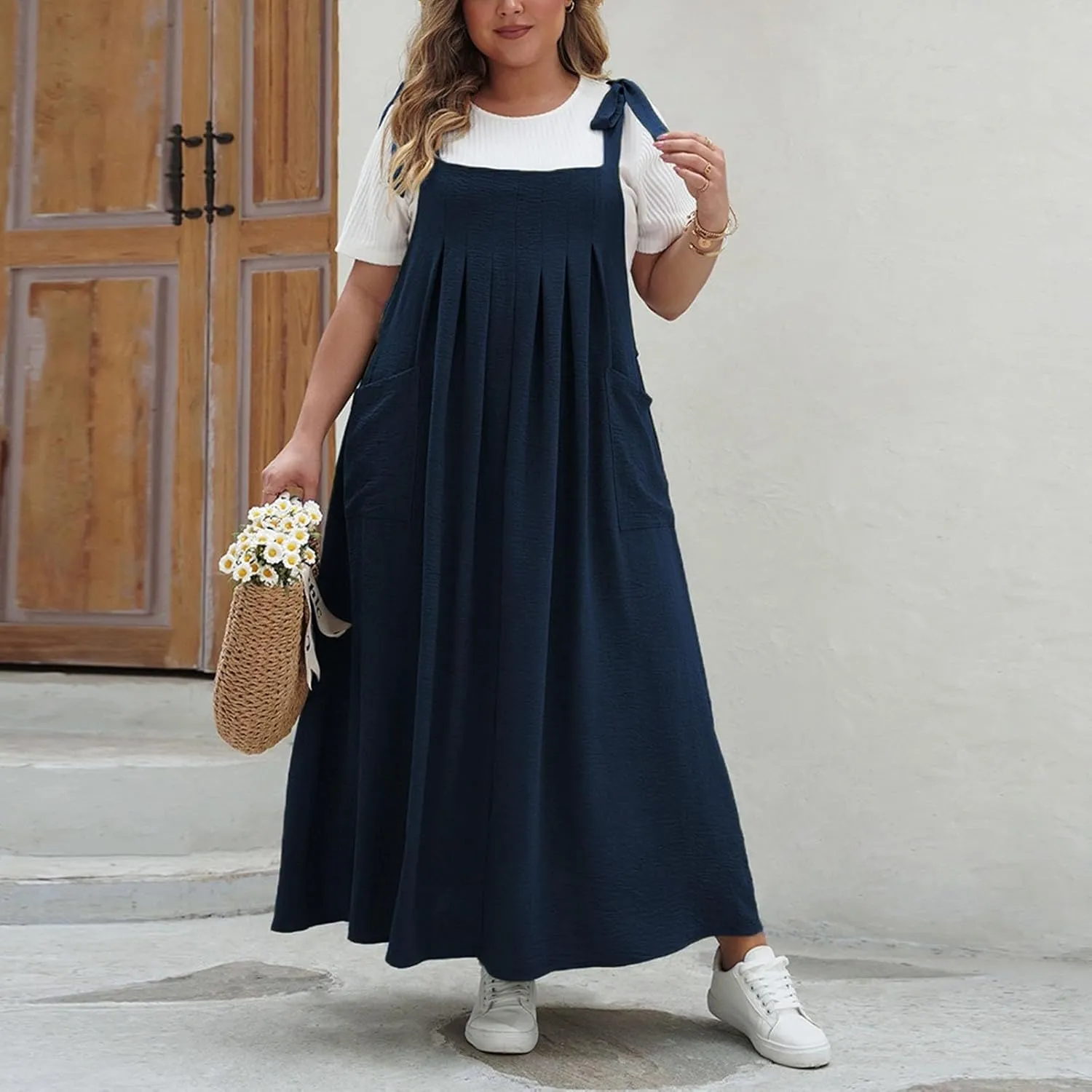 Plus Size Womens Bib Overall Jumper Dress Loose Linen Adjustable Straps Suspender Pinafore Maxi Dress with Pocket