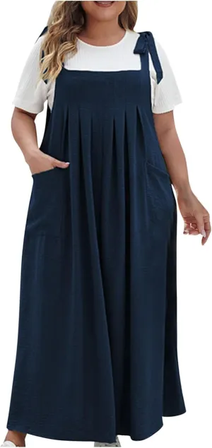 Plus Size Womens Bib Overall Jumper Dress Loose Linen Adjustable Straps Suspender Pinafore Maxi Dress with Pocket