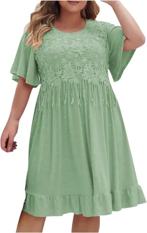 Plus Size Womens Summer Lace Tassels Patchwork Dress Cute Ruffle Casual Crew Neck Short Sleeve Beach Vacation Midi Dress