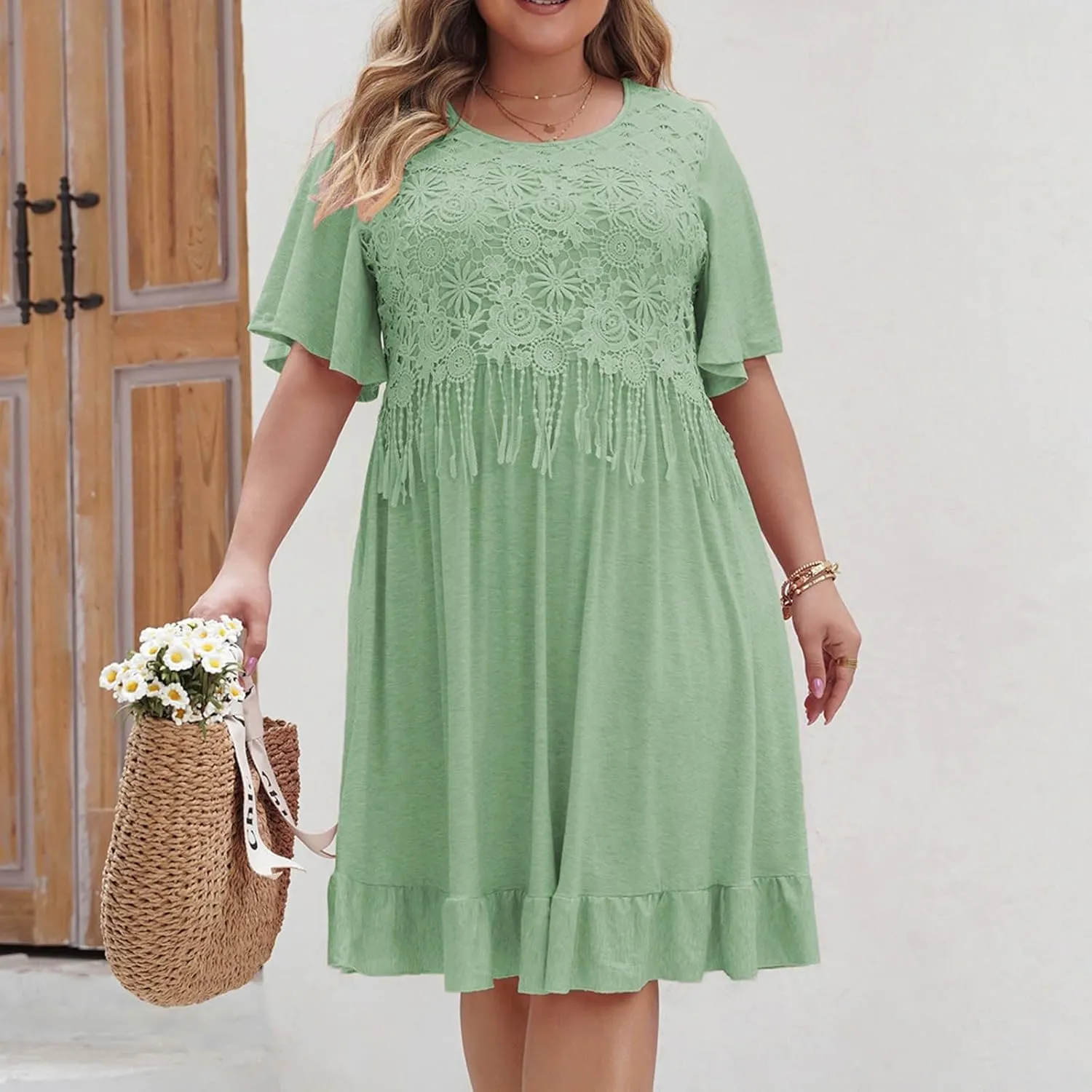 Plus Size Womens Summer Lace Tassels Patchwork Dress Cute Ruffle Casual Crew Neck Short Sleeve Beach Vacation Midi Dress