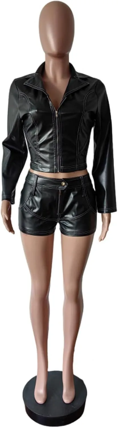 PU Leather Shorts Sets Women 2 Piece Outfits Long Sleeve Zip up Motorcycle Leather Jacket High Waitsed Booty Shorts