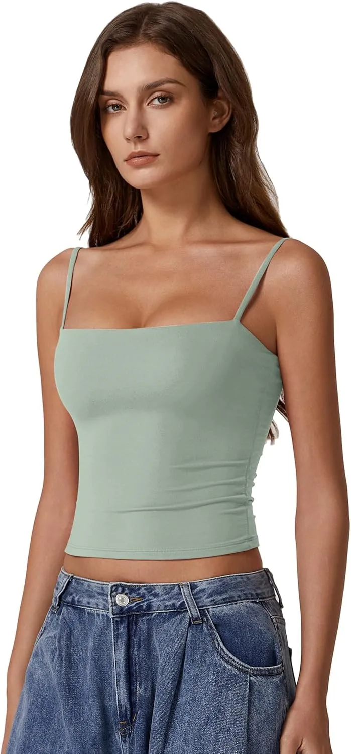 QINSEN Women's Double Lined Basic Tank Top Adjustable Spaghetti Straps Sleeveless Camisole Shirts