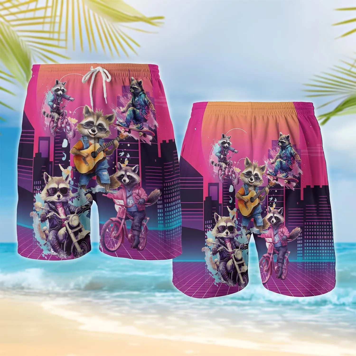 Raccoon Men's Quick Dry - Animal Lover Hawaiian Shorts for Men - Beach Shorts Swim Trunks Set 5 (TND-LN-1)