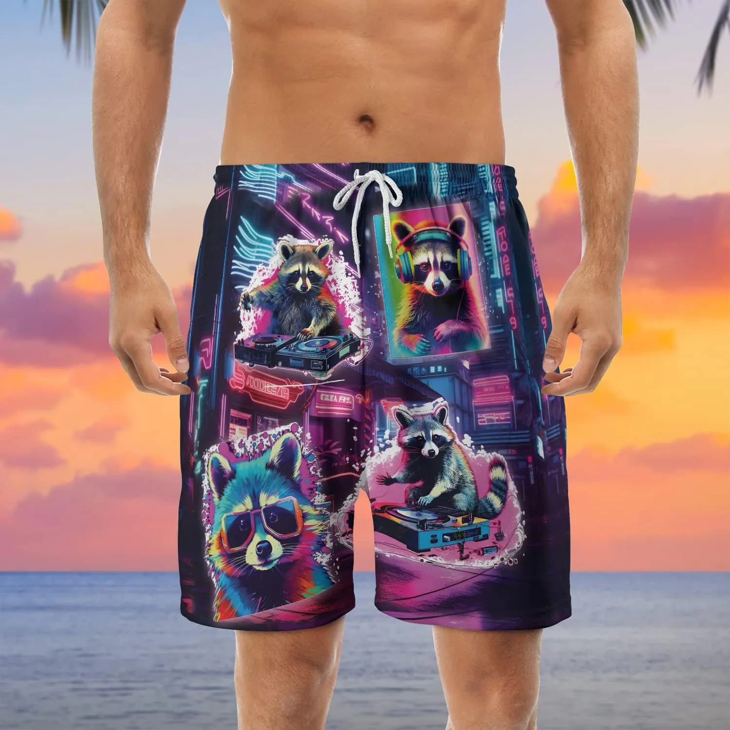 Raccoon Men's Quick Dry - Animal Lover Hawaiian Shorts for Men - Beach Shorts Swim Trunks Set 5 (TND-LN-1)