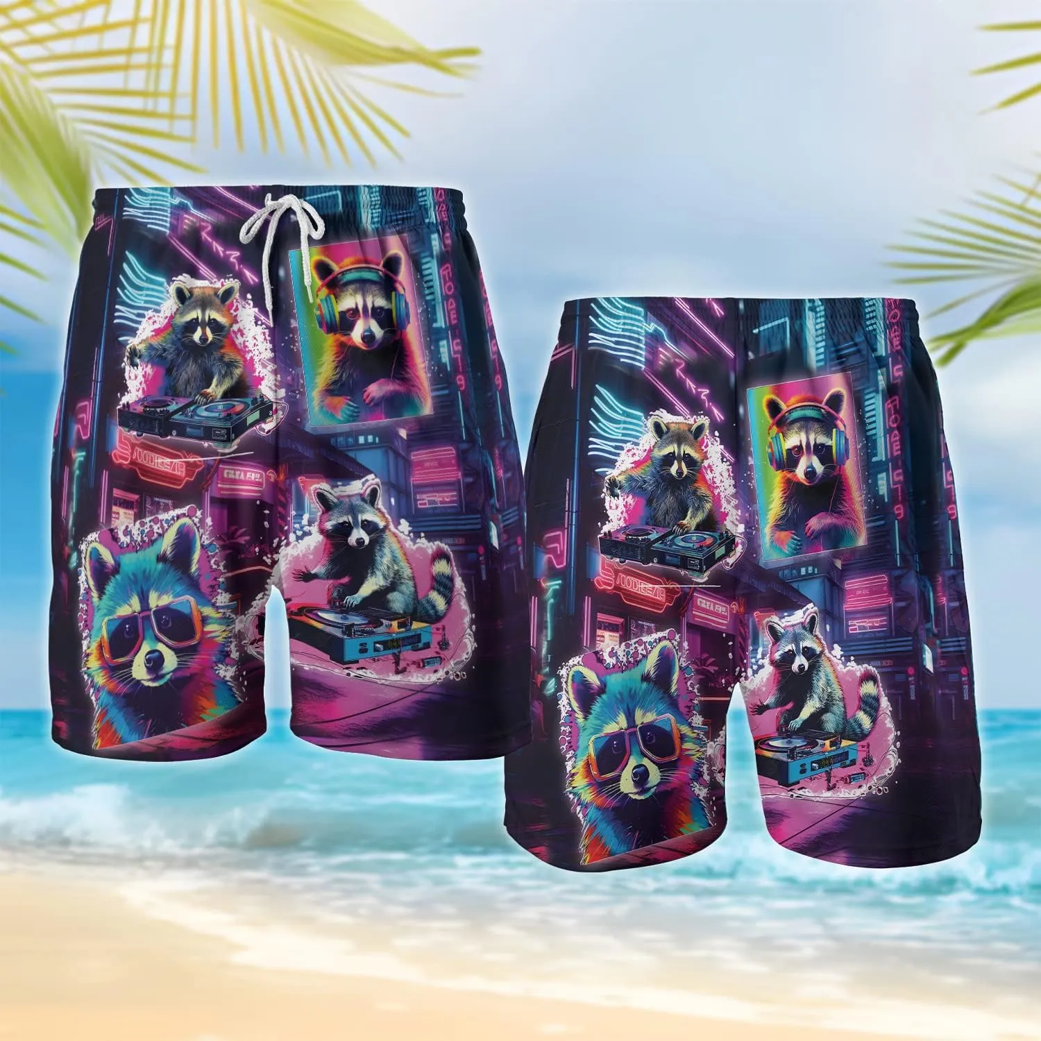 Raccoon Men's Quick Dry - Animal Lover Hawaiian Shorts for Men - Beach Shorts Swim Trunks Set 5 (TND-LN-1)