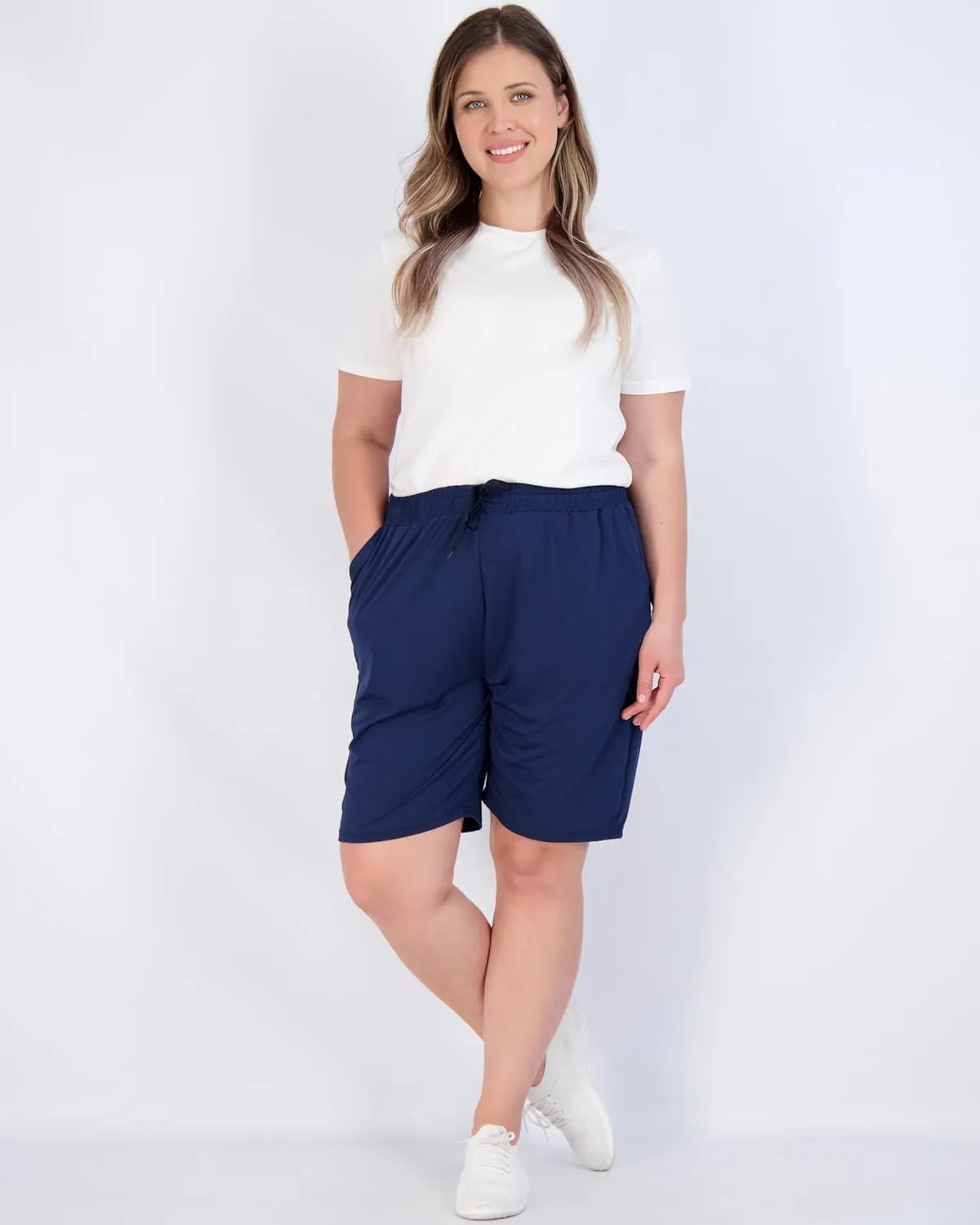 Real Essentials 4 Pack: Women's Dry-Fit Athletic 7" Bermuda Long High Waisted Running Shorts (Available in Plus Size)