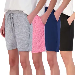 Real Essentials 4 Pack: Women's Dry-Fit Athletic 7" Bermuda Long High Waisted Running Shorts (Available in Plus Size)