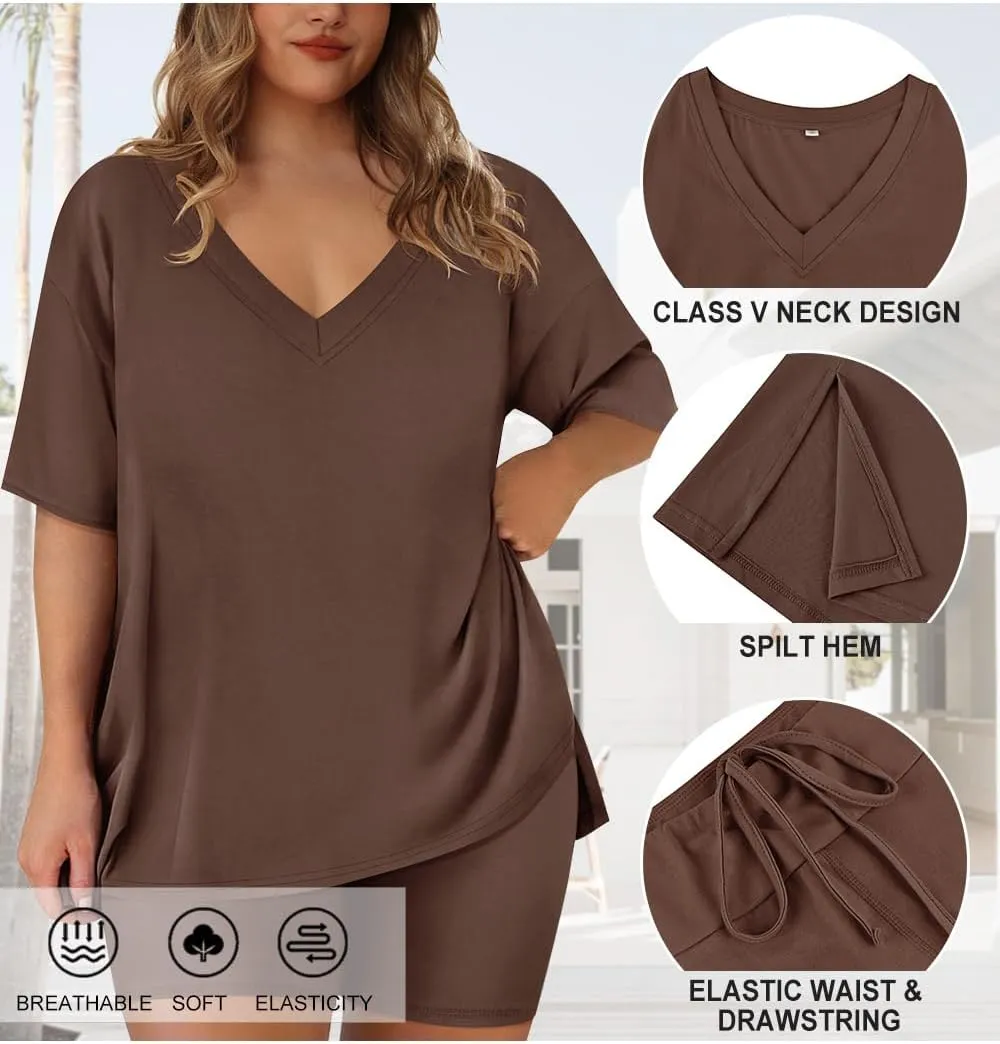 RITERA Plus Size 2 Piece Outfits For Women Shorts Sleeve Biker Shorts Summer Tracksuit V Neck Spilt Hem XL-5XL