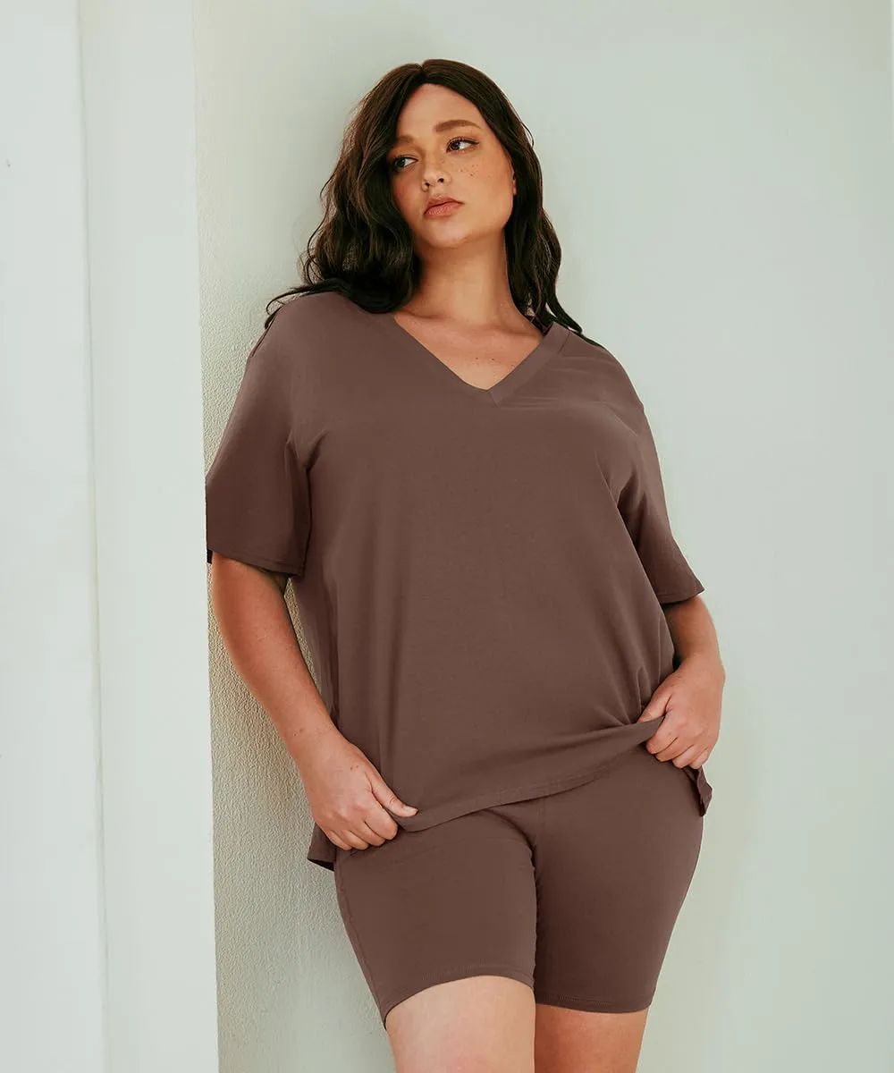 RITERA Plus Size 2 Piece Outfits For Women Shorts Sleeve Biker Shorts Summer Tracksuit V Neck Spilt Hem XL-5XL