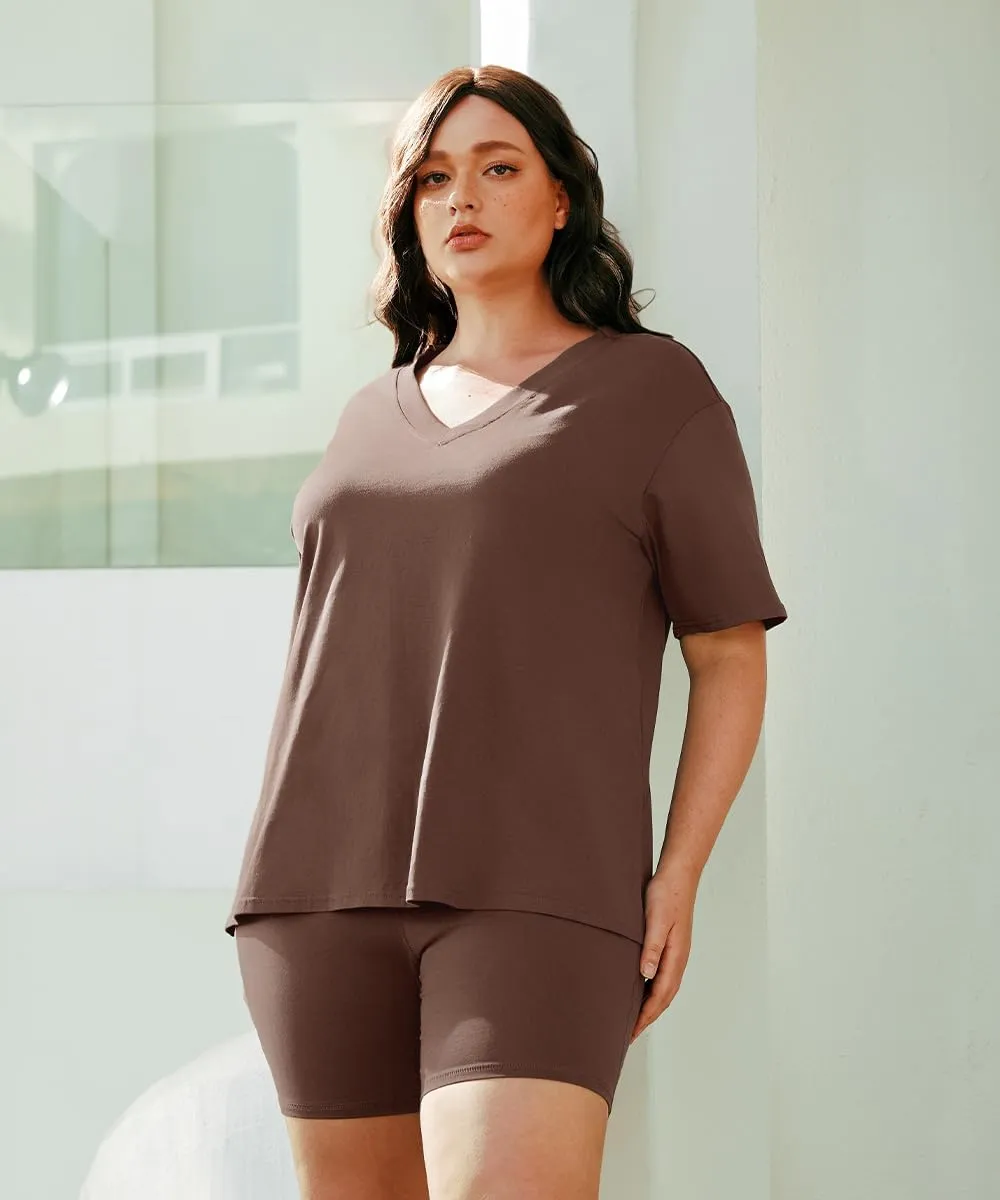 RITERA Plus Size 2 Piece Outfits For Women Shorts Sleeve Biker Shorts Summer Tracksuit V Neck Spilt Hem XL-5XL