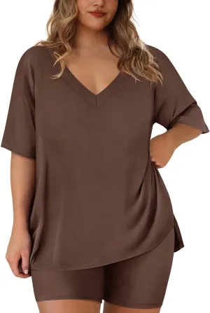 RITERA Plus Size 2 Piece Outfits For Women Shorts Sleeve Biker Shorts Summer Tracksuit V Neck Spilt Hem XL-5XL
