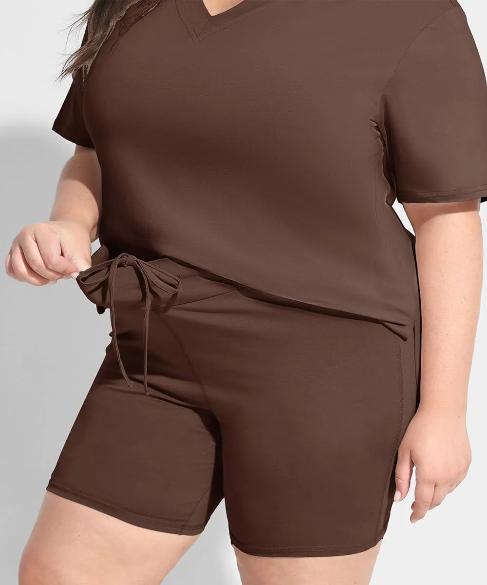 RITERA Plus Size 2 Piece Outfits For Women Shorts Sleeve Biker Shorts Summer Tracksuit V Neck Spilt Hem XL-5XL