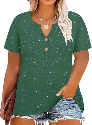 RITERA Plus Size Tops for Women V Neck Button Up Short Sleeve Henley Tshirt Casual Blouse Pullover Basic 12W 14W XL-5XL